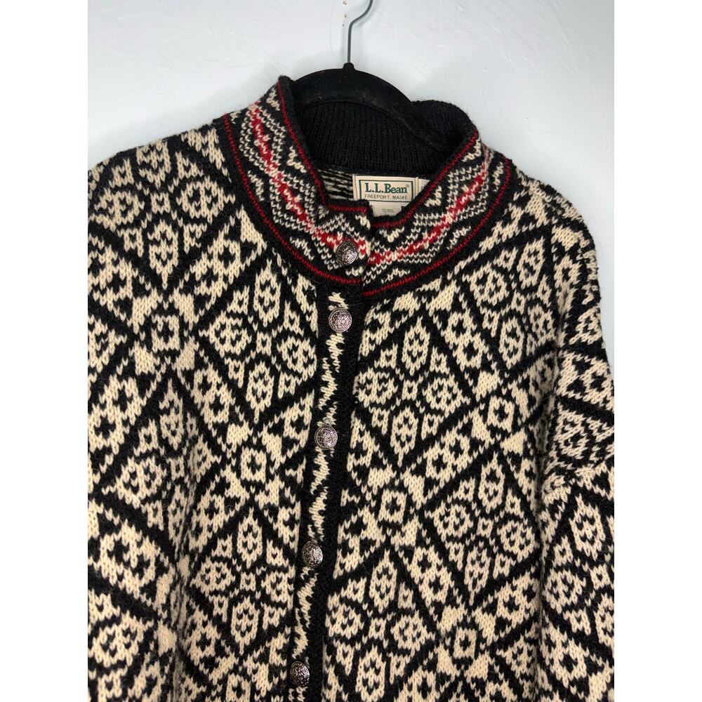 L.L. Bean Wool Blend Button Fair Isle Cardigan Women's Size XL Black Cream Red - Picture 2 of 6